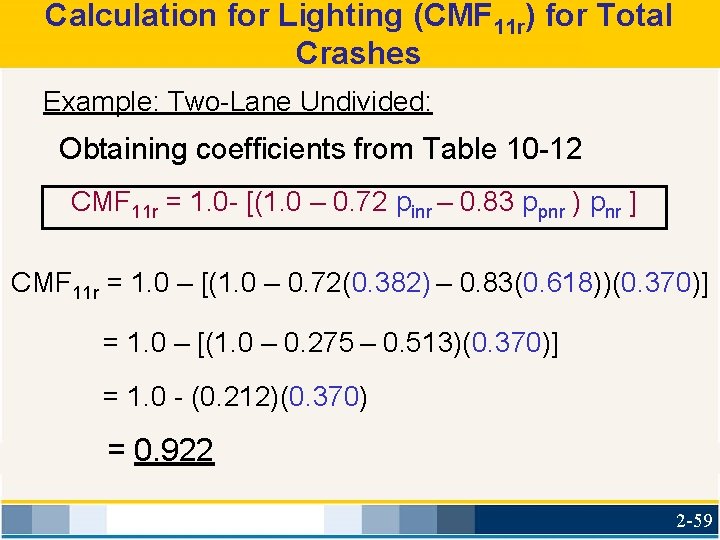 Calculation for Lighting (CMF 11 r) for Total Crashes Example: Two-Lane Undivided: Obtaining coefficients