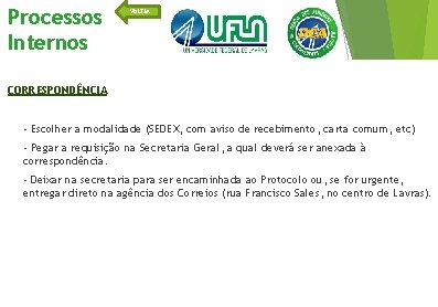 Processos Internos VOLTAR CORRESPONDÊNCIA - Escolher a modalidade (SEDEX, com aviso de recebimento, carta