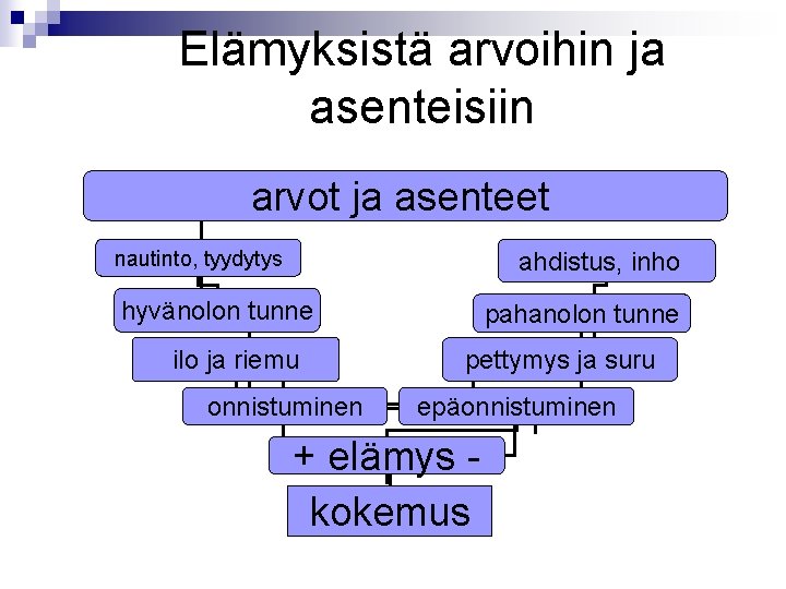 Elämyksistä arvoihin ja asenteisiin arvot ja asenteet nautinto, tyydytys ahdistus, inho hyvänolon tunne ilo