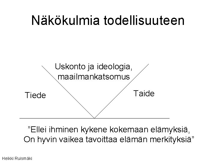 Näkökulmia todellisuuteen Uskonto ja ideologia, maailmankatsomus Tiede Taide ”Ellei ihminen kykene kokemaan elämyksiä, On