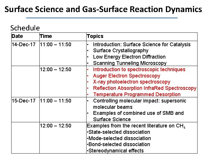 Surface Science and Gas-Surface Reaction Dynamics Schedule Date Time 14 -Dec-17 11: 00 –