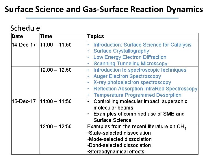 Surface Science and Gas-Surface Reaction Dynamics Schedule Date Time 14 -Dec-17 11: 00 –