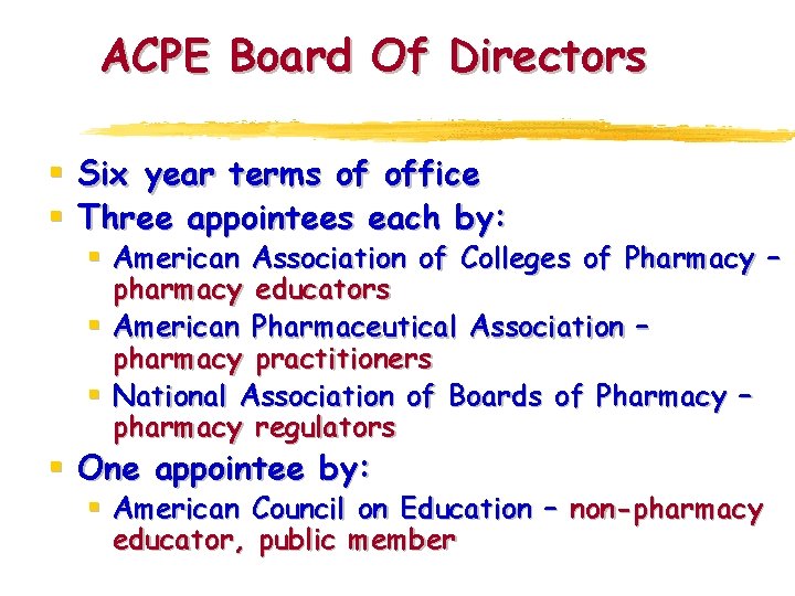 ACPE Board Of Directors § § Six year terms of office Three appointees each