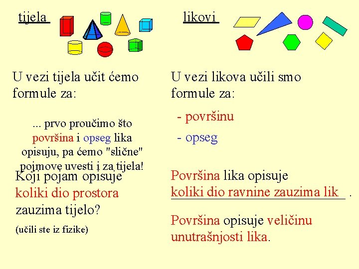 tijela U vezi tijela učit ćemo formule za: . . . prvo proučimo što