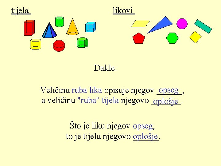 tijela likovi Dakle: opseg Veličinu ruba lika opisuje njegov ______, a veličinu "ruba" tijela