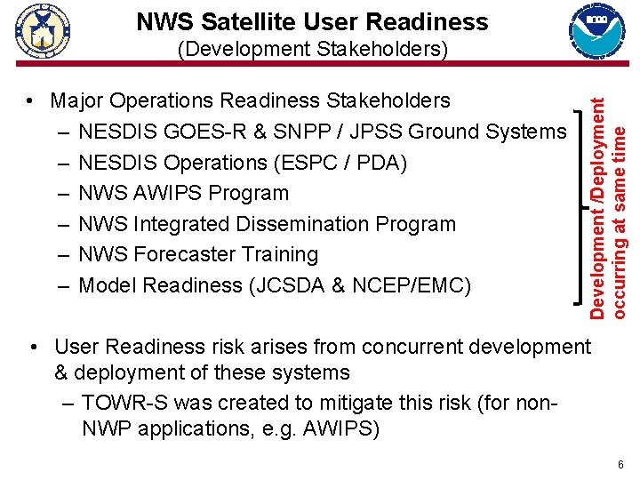 NWS Satellite User Readiness • Major Operations Readiness Stakeholders – NESDIS GOES-R & SNPP