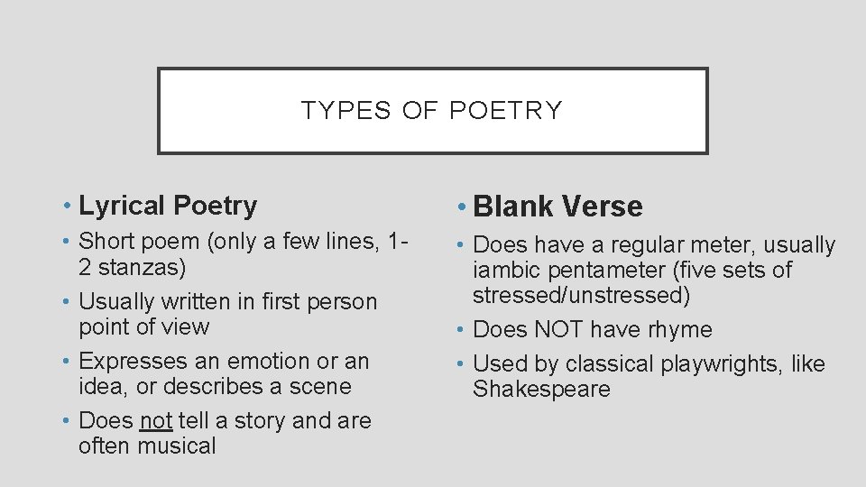 TYPES OF POETRY • Lyrical Poetry • Blank Verse • Short poem (only a