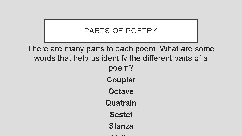 PARTS OF POETRY There are many parts to each poem. What are some words