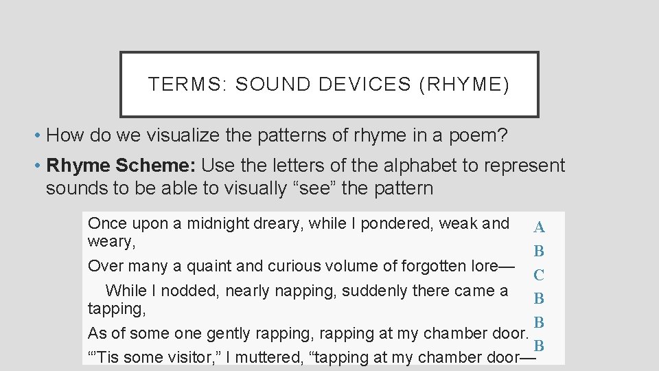 TERMS: SOUND DEVICES (RHYME) • How do we visualize the patterns of rhyme in