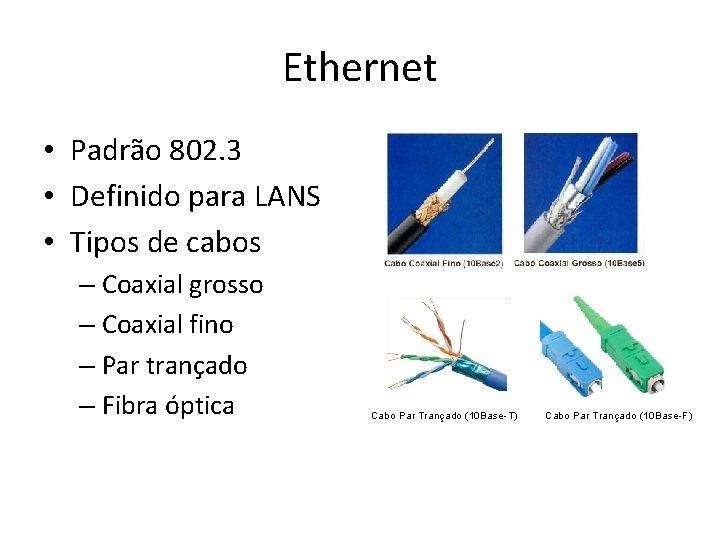 Ethernet • Padrão 802. 3 • Definido para LANS • Tipos de cabos – Ethernet • Padrão 802. 3 • Definido para LANS • Tipos de cabos –