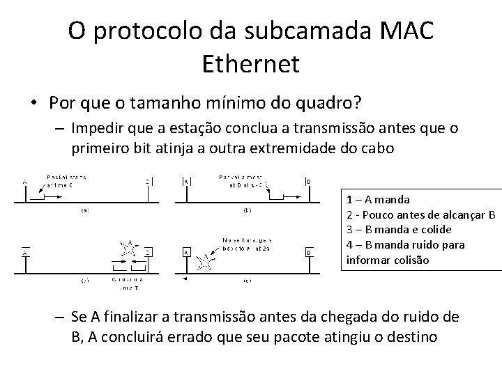 O protocolo da subcamada MAC Ethernet • Por que o tamanho mínimo do quadro? O protocolo da subcamada MAC Ethernet • Por que o tamanho mínimo do quadro?