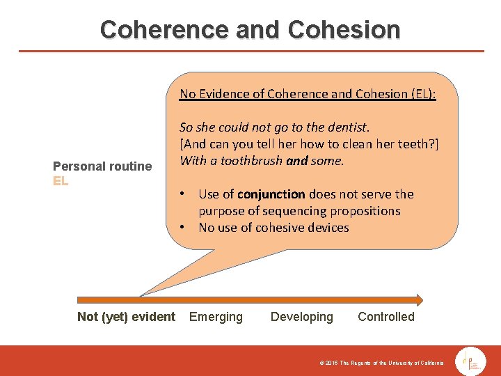 Coherence and Cohesion No Evidence of Coherence and Cohesion (EL): Personal routine EL Not