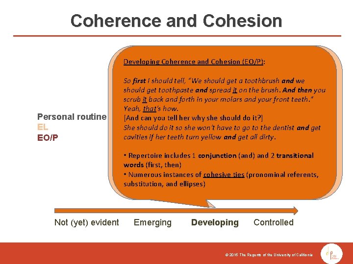 Coherence and Cohesion Developing Coherence Cohesion (EO/P): Developing Coherenceand Cohesion (EL): Personal routine EL