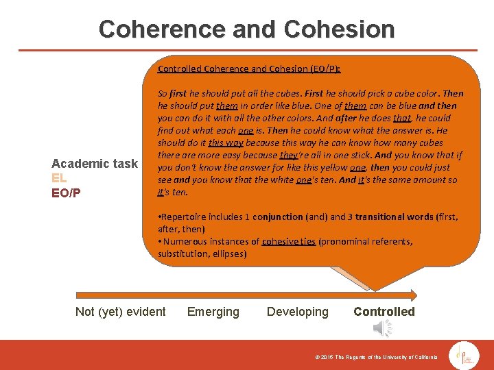 Coherence and Cohesion Controlled Coherence and Cohesion (EO/P): (EL): Controlled Coherence and Cohesion Academic