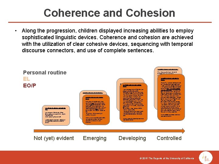 Coherence and Cohesion • Along the progression, children displayed increasing abilities to employ sophisticated