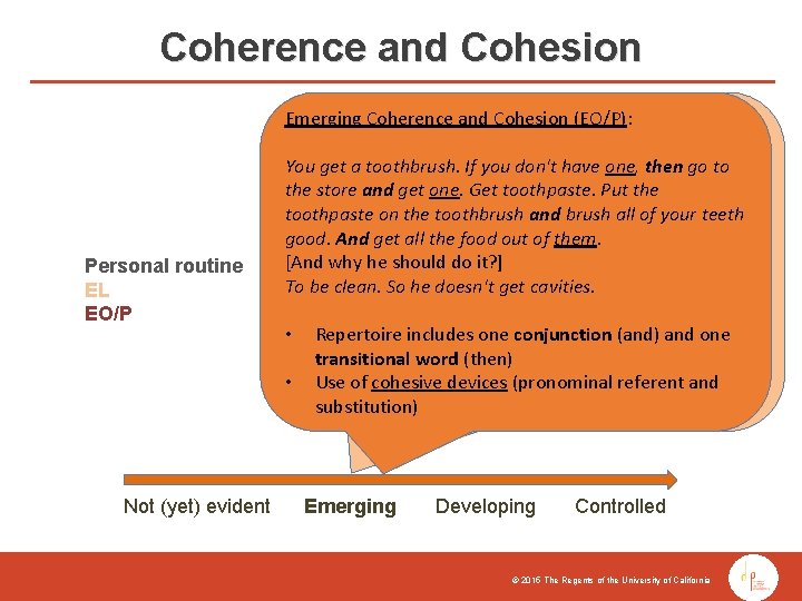 Coherence and Cohesion Emerging (EL): Emerging. Coherenceand and. Cohesion (EO/P): Personal routine EL EO/P