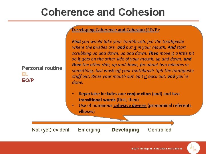 Coherence and Cohesion Developing Coherence (EO/P): Developing Coherenceand and. Cohesion (EL): Personal routine EL