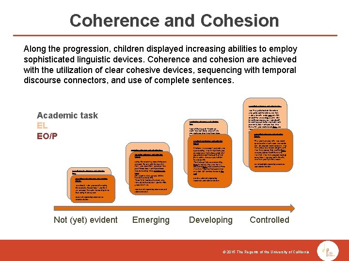 Coherence and Cohesion Along the progression, children displayed increasing abilities to employ sophisticated linguistic