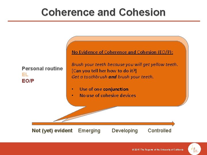 Coherence and Cohesion No Evidence of Coherence and Cohesion (EL): Personal routine EL EO/P