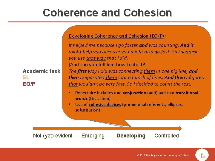 Coherence and Cohesion Developing Coherence andand Cohesion (EL): (EO/P): Developing Coherence Cohesion Academic task