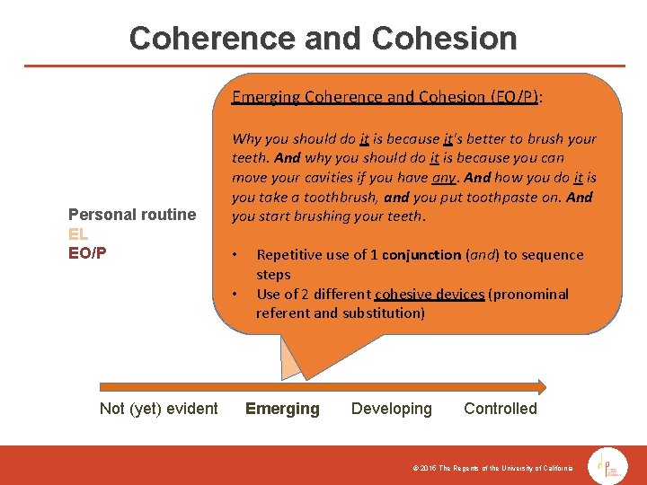 Coherence and Cohesion Emerging Coherence and Cohesion (EO/P): Personal routine EL EO/P Emerging Coherence