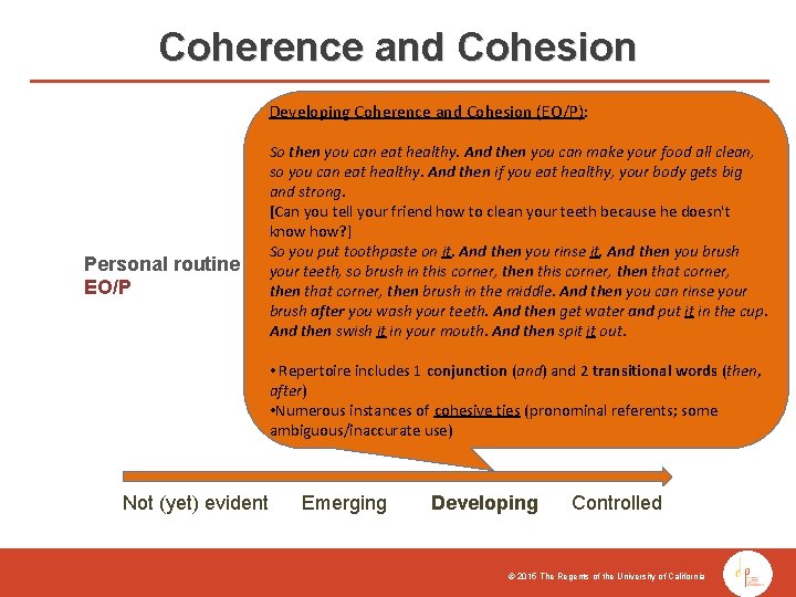 Coherence and Cohesion Developing Coherence and Cohesion (EO/P): Personal routine EO/P So then you