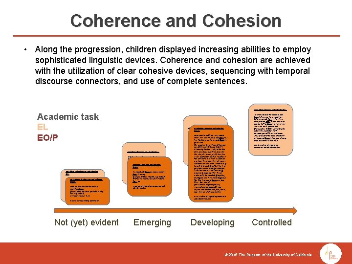 Coherence and Cohesion • Along the progression, children displayed increasing abilities to employ sophisticated