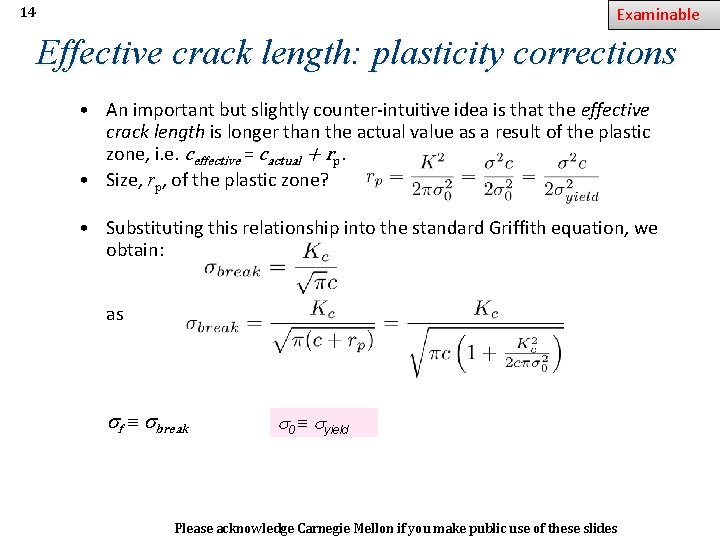 Examinable 14 Effective crack length: plasticity corrections • An important but slightly counter-intuitive idea