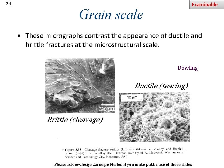 Examinable 24 Grain scale • These micrographs contrast the appearance of ductile and brittle