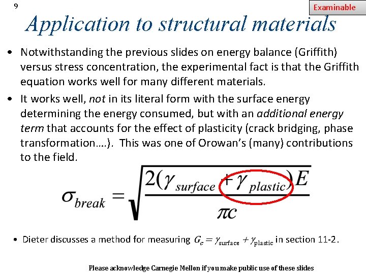 9 Examinable Application to structural materials • Notwithstanding the previous slides on energy balance