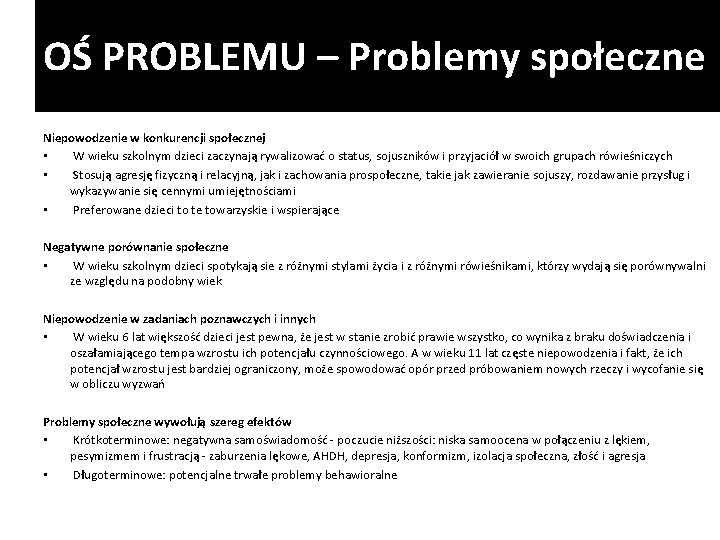 OŚ PROBLEMU – Problemy społeczne Niepowodzenie w konkurencji społecznej • W wieku szkolnym dzieci OŚ PROBLEMU – Problemy społeczne Niepowodzenie w konkurencji społecznej • W wieku szkolnym dzieci