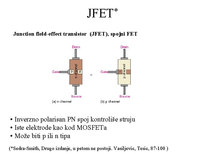 * JFET Junction field-effect transistor (JFET), spojni FET • Inverzno polarisan PN spoj kontroliše