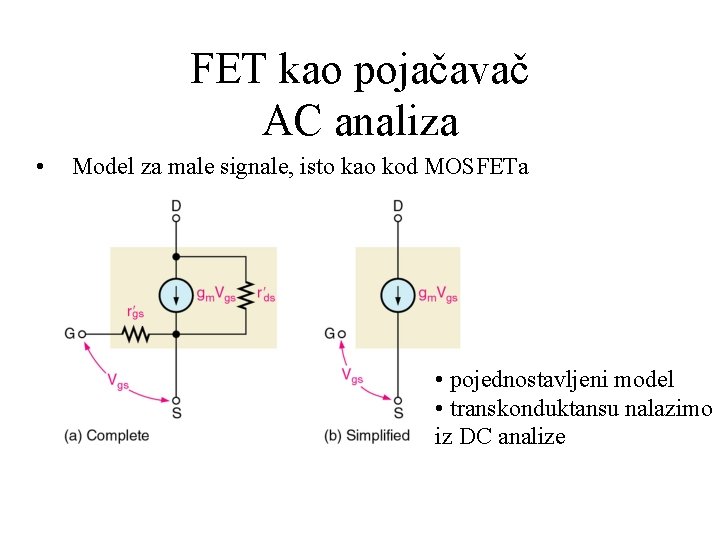 FET kao pojačavač AC analiza • Model za male signale, isto kao kod MOSFETa