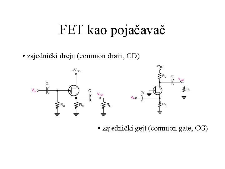 FET kao pojačavač • zajednički drejn (common drain, CD) • zajednički gejt (common gate,