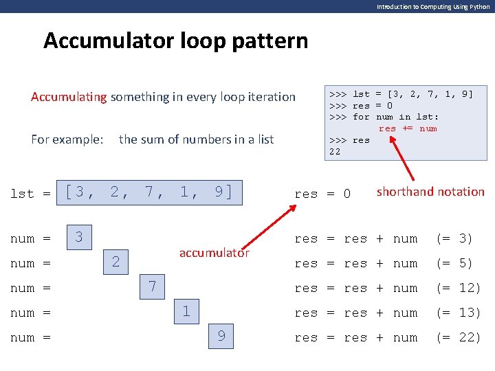 Introduction to Computing Using Python Accumulator loop pattern Accumulating something in every loop iteration