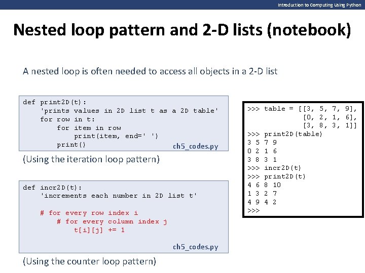 Introduction to Computing Using Python Nested loop pattern and 2 -D lists (notebook) A