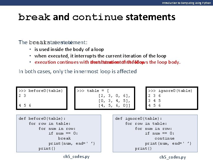 Introduction to Computing Using Python break and continue statements The continue statement: break statement: