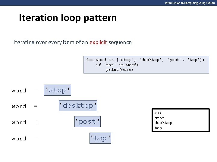 Introduction to Computing Using Python Iteration loop pattern Iterating over every item of an