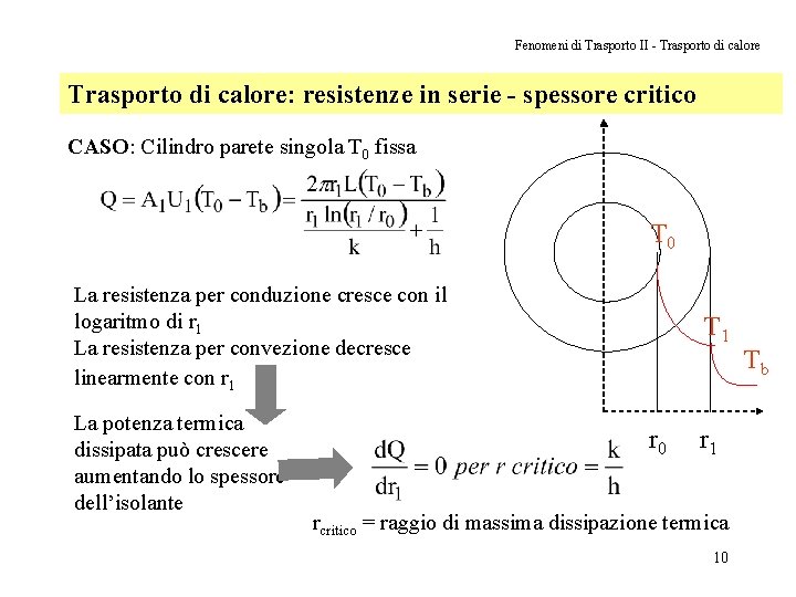 Fenomeni di Trasporto II - Trasporto di calore: resistenze in serie - spessore critico Fenomeni di Trasporto II - Trasporto di calore: resistenze in serie - spessore critico