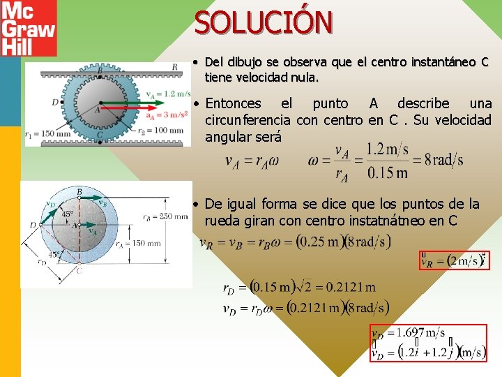 SOLUCIÓN • Del dibujo se observa que el centro instantáneo C tiene velocidad nula.