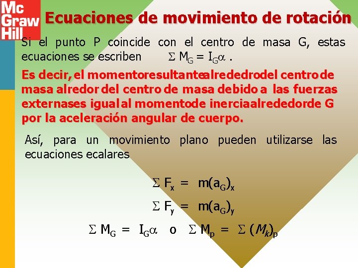 Ecuaciones de movimiento de rotación Si el punto P coincide con el centro de