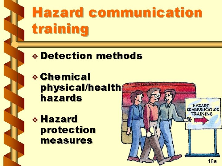 Hazard communication training v Detection methods v Chemical physical/health hazards v Hazard protection measures