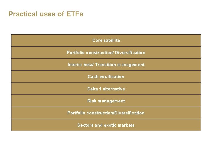 Practical uses of ETFs Core satellite Portfolio construction/ Diversification Interim beta/ Transition management Cash