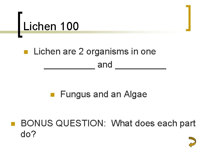 Lichen 100 n Lichen are 2 organisms in one _____ and _____ n n