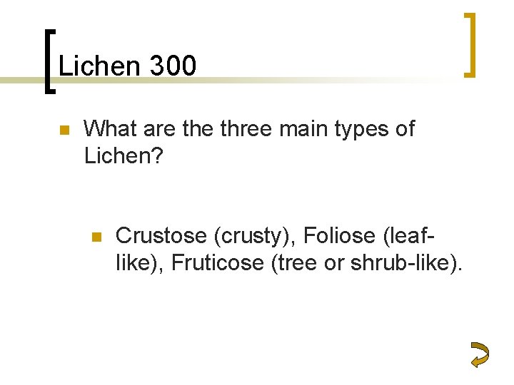 Lichen 300 n What are three main types of Lichen? n Crustose (crusty), Foliose