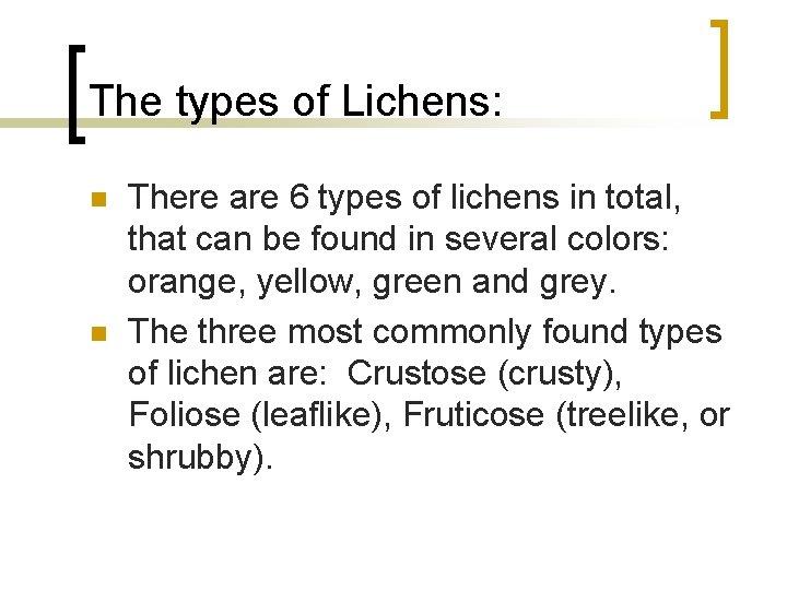 The types of Lichens: n n There are 6 types of lichens in total,