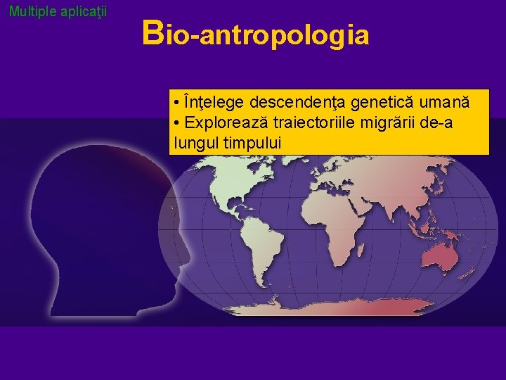 Multiple aplicaţii Bio-antropologia • Înţelege descendenţa genetică umană • Explorează traiectoriile migrării de-a lungul