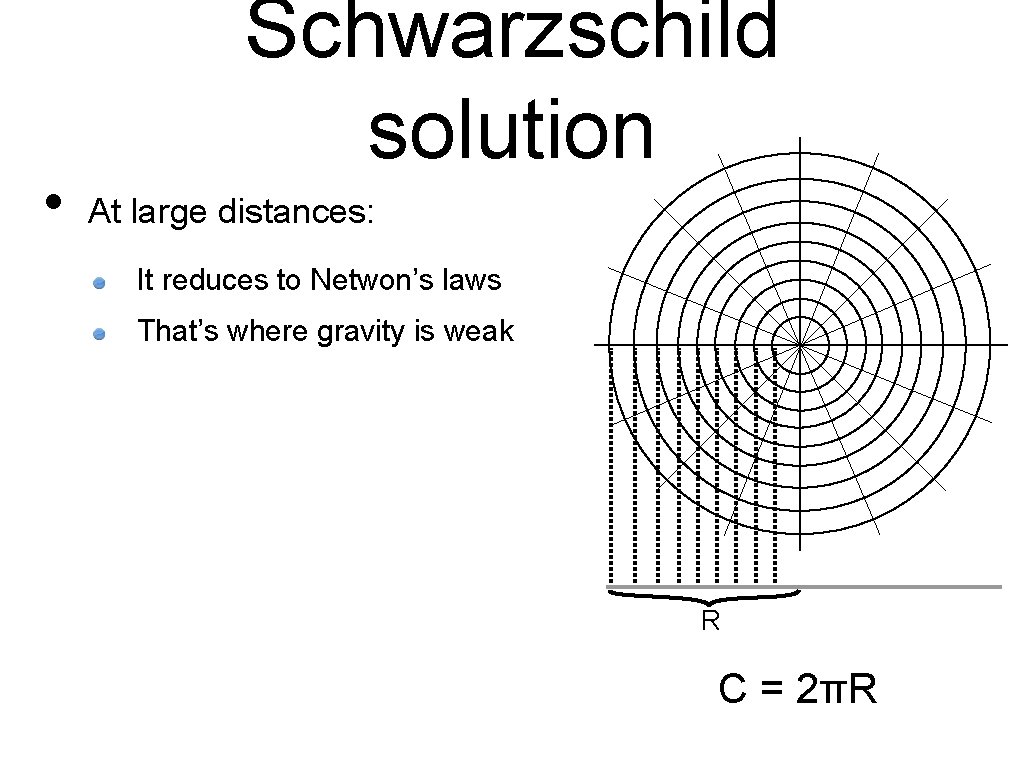  • Schwarzschild solution At large distances: It reduces to Netwon’s laws That’s where