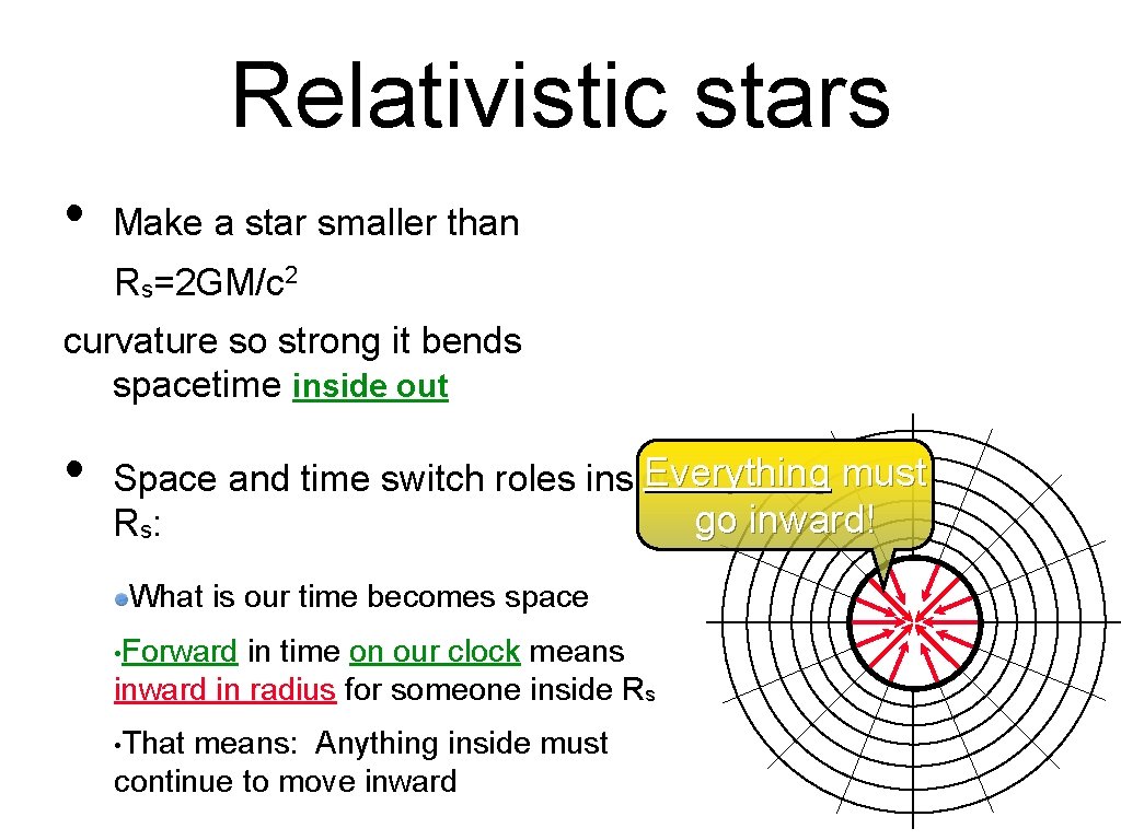 Relativistic stars • Make a star smaller than Rs=2 GM/c 2 curvature so strong