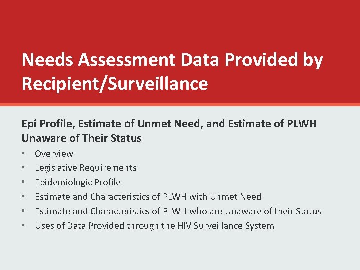 Needs Assessment Data Provided by Recipient/Surveillance Epi Profile, Estimate of Unmet Need, and Estimate